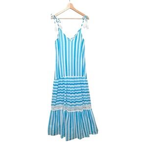 Bindu Striped Tiered Flowy Summer Coastal Resortwear Maxi Dress V‎ neck Size M